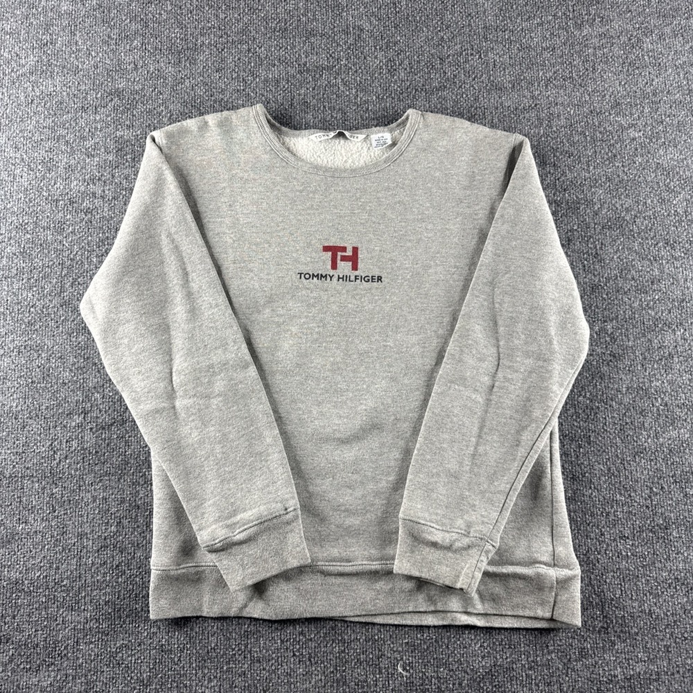 VINTAGE Tommy Hilfiger Sweatshirt Womens L Gray Crewneck Pullover Boxy Logo USA